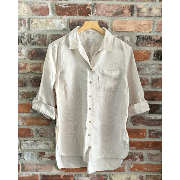 Chico’s Cream Linen No Iron Button Front Tunic Top - Picture 1 of 6